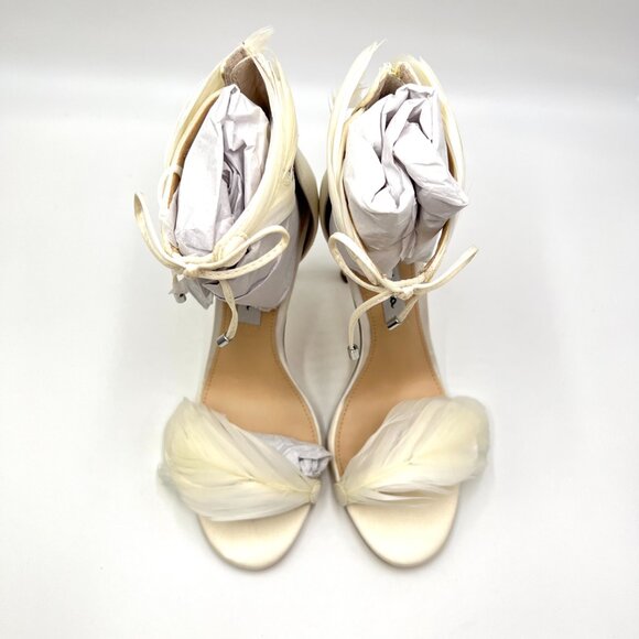 Nina Womens 6 Ivory White Satin Feather Embellished Heels Dress Sandals Shoes - Picture 2 of 14